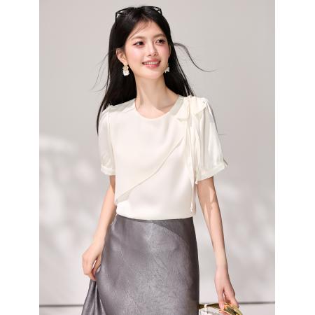 不规则荷叶边圆领短袖雪纺夏设计感钉珠蝴蝶结衬衫法式上衣 服裝批發女裝批發服飾貨源