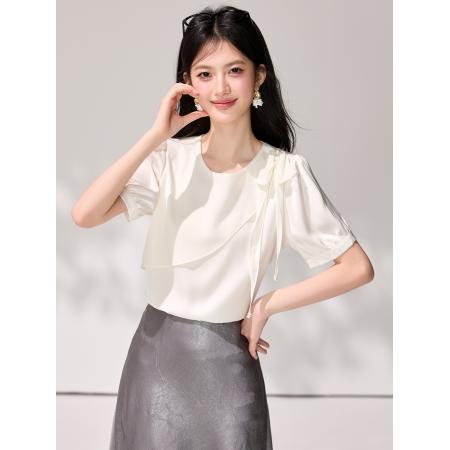 不规则荷叶边圆领短袖雪纺夏设计感钉珠蝴蝶结衬衫法式上衣 服裝批發女裝批發服飾貨源