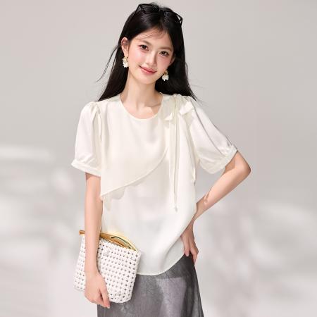 不规则荷叶边圆领短袖雪纺夏设计感钉珠蝴蝶结衬衫法式上衣 服裝批發女裝批發服飾貨源