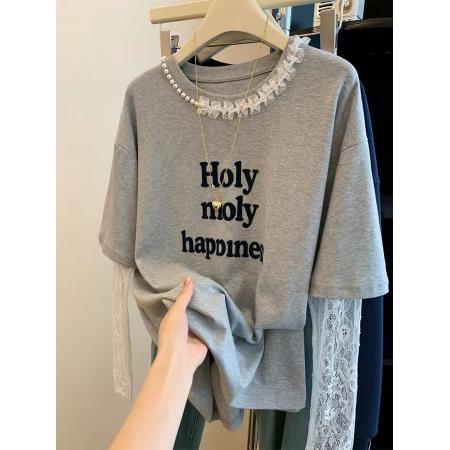 纯棉➕蕾丝特大码300斤独特设计感假两件钉珠长袖t恤女 服裝批發女裝批發服飾貨源