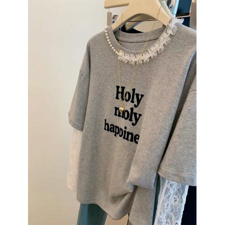 纯棉➕蕾丝特大码300斤独特设计感假两件钉珠长袖t恤女 服裝批發女裝批發服飾貨源