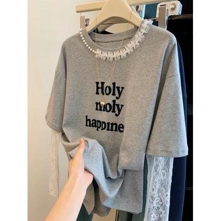 纯棉➕蕾丝特大码300斤独特设计感假两件钉珠长袖t恤女 服裝批發女裝批發服飾貨源