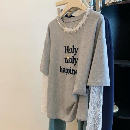 纯棉➕蕾丝特大码300斤独特设计感假两件钉珠长袖t恤女 服裝批發女裝批發服飾貨源