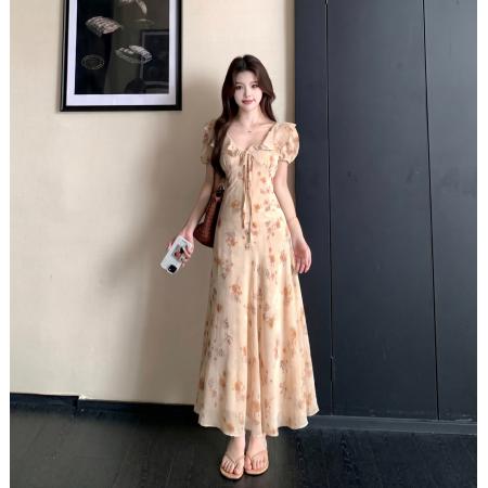 大码胖mm法式碎花荷叶领短袖连衣裙高腰遮肉显瘦气质长裙 服裝批發女裝批發服飾貨源