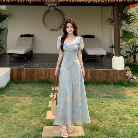 大码胖mm法式碎花荷叶领短袖连衣裙高腰遮肉显瘦气质长裙 服裝批發女裝批發服飾貨源