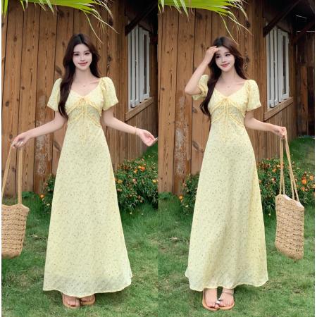 大码胖mm法式V领甜美碎花高腰泡泡袖短袖连衣裙气质遮肉长裙 服裝批發女裝批發服飾貨源