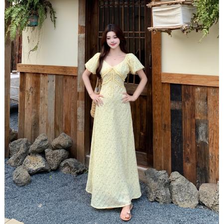 大码胖mm法式V领甜美碎花高腰泡泡袖短袖连衣裙气质遮肉长裙 服裝批發女裝批發服飾貨源