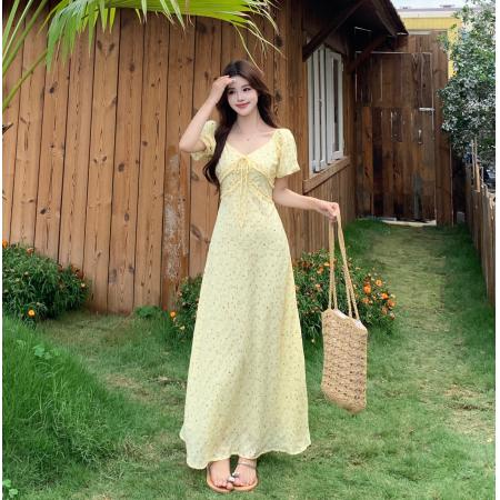 大码胖mm法式V领甜美碎花高腰泡泡袖短袖连衣裙气质遮肉长裙 服裝批發女裝批發服飾貨源