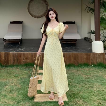 大码胖mm法式V领甜美碎花高腰泡泡袖短袖连衣裙气质遮肉长裙 服裝批發女裝批發服飾貨源