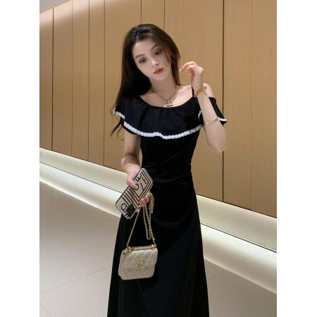 巨好看的黑色法式露肩连衣裙女夏季高冷御姐风修身显瘦气质长裙子 服裝批發女裝批發服飾貨源