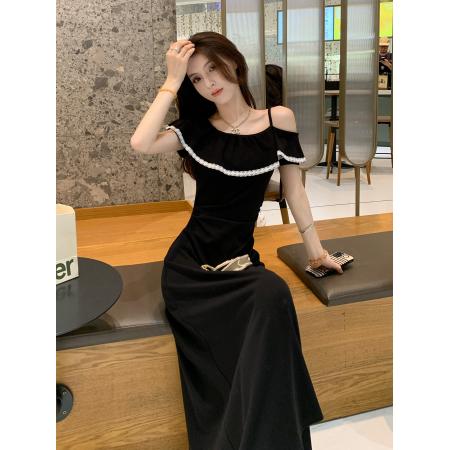 巨好看的黑色法式露肩连衣裙女夏季高冷御姐风修身显瘦气质长裙子 服裝批發女裝批發服飾貨源