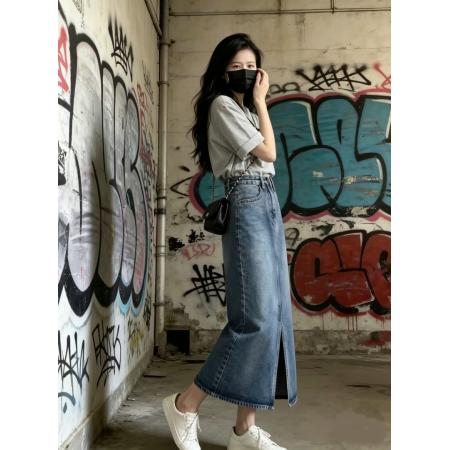 韩版简约时尚气质显瘦印花短袖T恤+设计感前开叉牛仔半身裙套装 服裝批發女裝批發服飾貨源