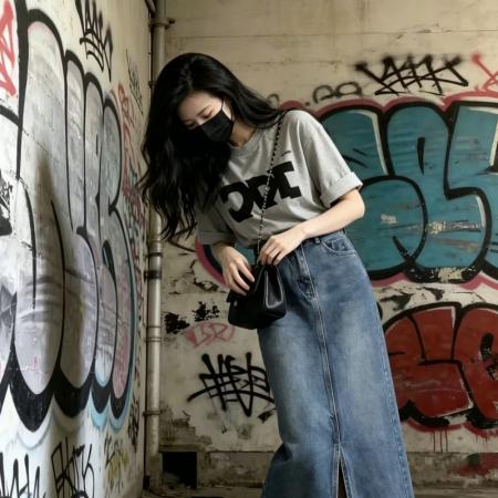 韩版简约时尚气质显瘦印花短袖T恤+设计感前开叉牛仔半身裙套装 服裝批發女裝批發服飾貨源