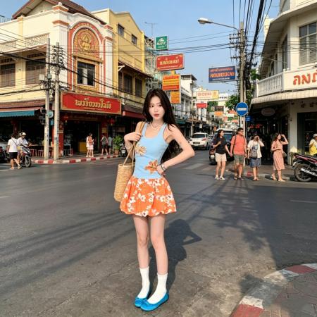 热带风情穿搭花朵印花工字吊带背心女夏季花苞半身裙短裙两件套 服裝批發女裝批發服飾貨源