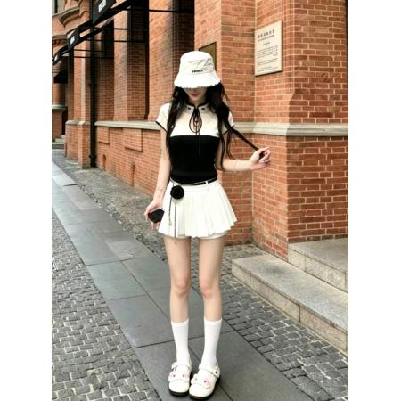 纯欲辣妹半高领系带镂空短袖针织衫搭白色半身百褶裙一整套 服裝批發女裝批發服飾貨源