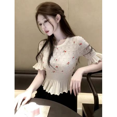韩系高级感刺绣圆领短袖针织衫女...
