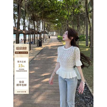 孔雀翎镂空提花短袖T恤女夏季荷...