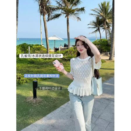 孔雀翎镂空提花短袖T恤女夏季荷叶边收腰修身针织上衣 服裝批發女裝批發服飾貨源