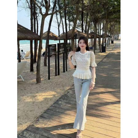 孔雀翎镂空提花短袖T恤女夏季荷叶边收腰修身针织上衣 服裝批發女裝批發服飾貨源