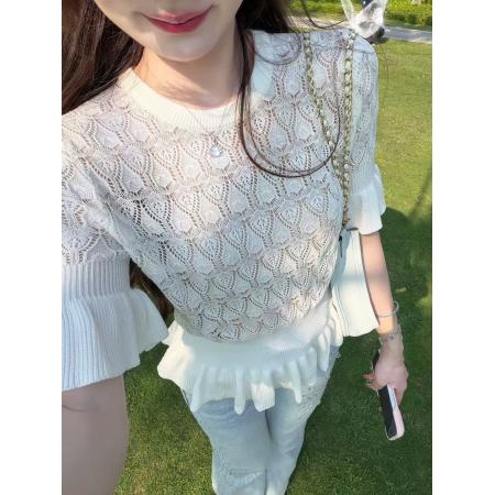 孔雀翎镂空提花短袖T恤女夏季荷叶边收腰修身针织上衣 服裝批發女裝批發服飾貨源