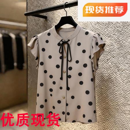 法式波点印花衬衫夏季新款洋气衣服女气质独特别致系带短袖上衣潮 服裝批發女裝批發服飾貨源