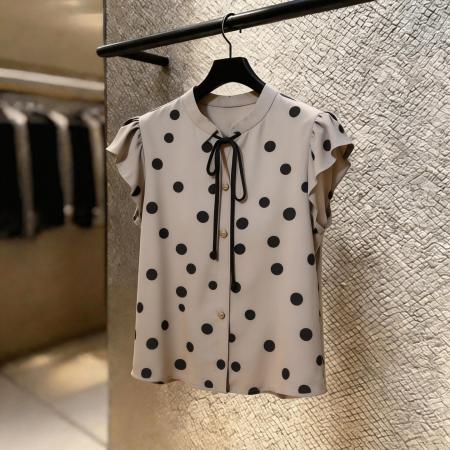 法式波点印花衬衫夏季新款洋气衣服女气质独特别致系带短袖上衣潮 服裝批發女裝批發服飾貨源