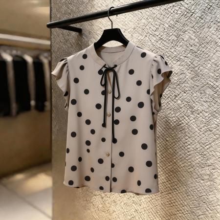 法式波点印花衬衫夏季新款洋气衣服女气质独特别致系带短袖上衣潮 服裝批發女裝批發服飾貨源