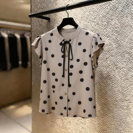 法式波点印花衬衫夏季新款洋气衣服女气质独特别致系带短袖上衣潮 服裝批發女裝批發服飾貨源