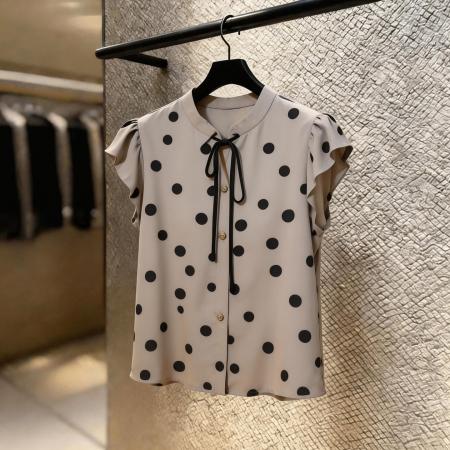 法式波点印花衬衫夏季新款洋气衣服女气质独特别致系带短袖上衣潮 服裝批發女裝批發服飾貨源