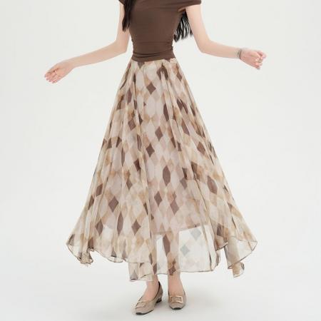 夏新款雪纺复古不规则格子半身裙...