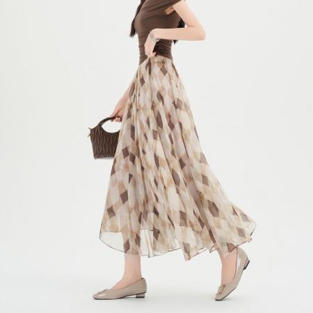 夏新款雪纺复古不规则格子半身裙女高腰显瘦设计感大摆 服裝批發女裝批發服飾貨源