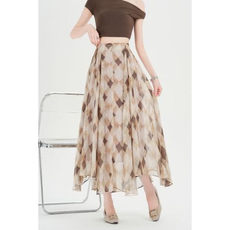 夏新款雪纺复古不规则格子半身裙女高腰显瘦设计感大摆 服裝批發女裝批發服飾貨源