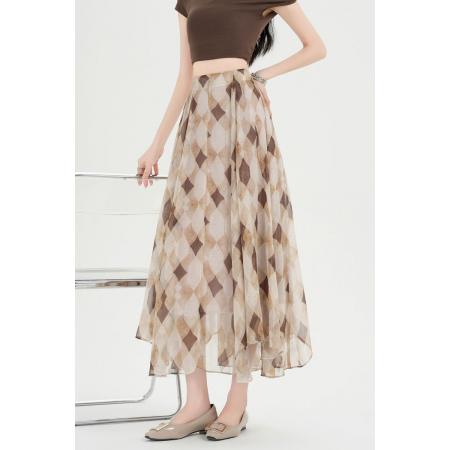 夏新款雪纺复古不规则格子半身裙女高腰显瘦设计感大摆 服裝批發女裝批發服飾貨源