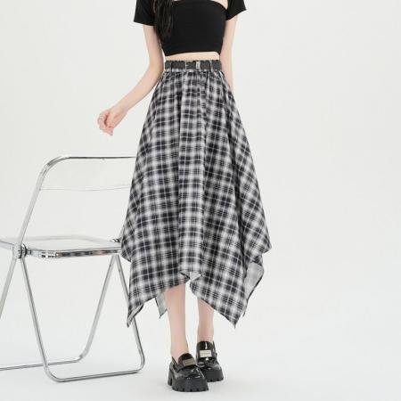 格子裙不规则半身裙夏季复古百搭中长款伞裙高腰A字裙子 服裝批發女裝批發服飾貨源