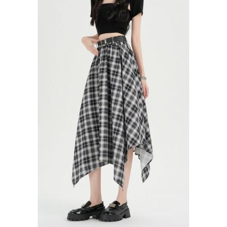 格子裙不规则半身裙夏季复古百搭中长款伞裙高腰A字裙子 服裝批發女裝批發服飾貨源