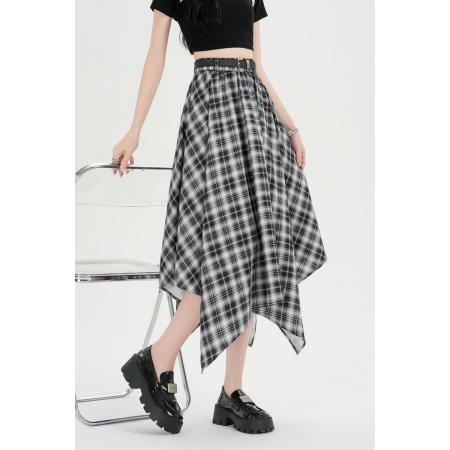 格子裙不规则半身裙夏季复古百搭中长款伞裙高腰A字裙子 服裝批發女裝批發服飾貨源