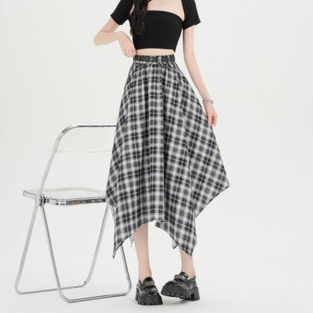 格子裙不规则半身裙夏季复古百搭中长款伞裙高腰A字裙子 服裝批發女裝批發服飾貨源