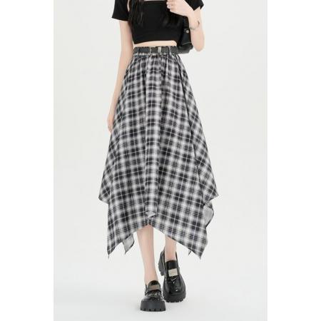 格子裙不规则半身裙夏季复古百搭中长款伞裙高腰A字裙子 服裝批發女裝批發服飾貨源