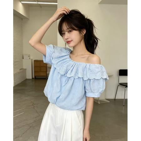 法式甜美风白色泡泡袖衬衫女夏季...