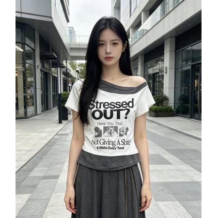 美式复古字母印花斜肩短袖T恤女夏季新款小众设计感上衣 服裝批發女裝批發服飾貨源