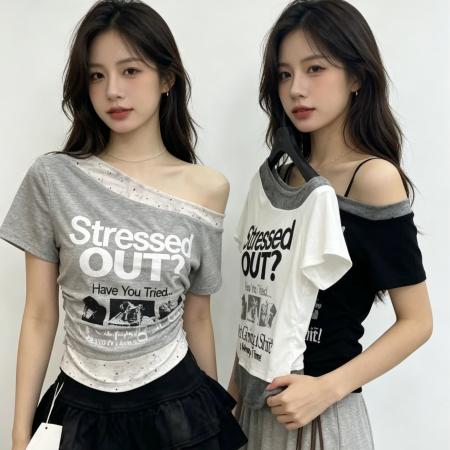 美式复古字母印花斜肩短袖T恤女夏季新款小众设计感上衣 服裝批發女裝批發服飾貨源