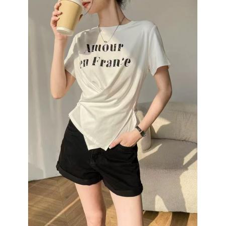 韩式时髦不规则字母印花短袖T恤夏季新款设计感不撞款上衣女 服裝批發女裝批發服飾貨源