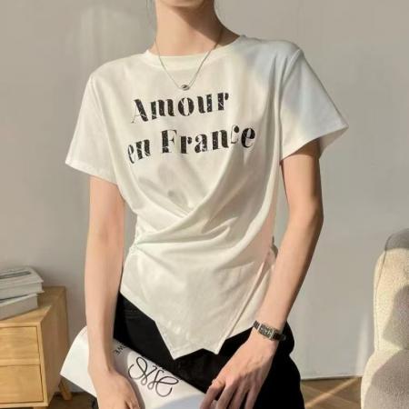 韩式时髦不规则字母印花短袖T恤夏季新款设计感不撞款上衣女 服裝批發女裝批發服飾貨源