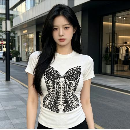 韩版灰色印花短袖T恤女夏修身设计感小众洋气减龄高级感别致上衣 服裝批發女裝批發服飾貨源