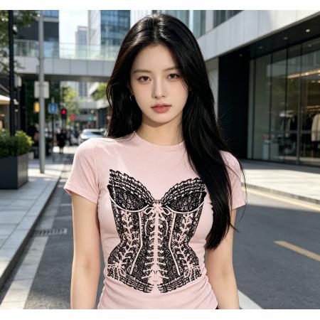 韩版灰色印花短袖T恤女夏修身设计感小众洋气减龄高级感别致上衣 服裝批發女裝批發服飾貨源