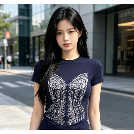 韩版灰色印花短袖T恤女夏修身设计感小众洋气减龄高级感别致上衣 服裝批發女裝批發服飾貨源