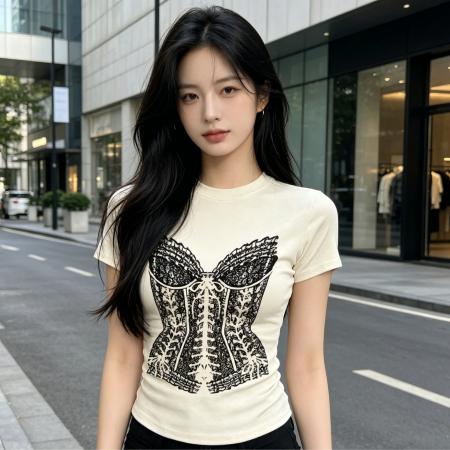 韩版灰色印花短袖T恤女夏修身设计感小众洋气减龄高级感别致上衣 服裝批發女裝批發服飾貨源