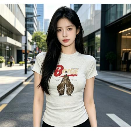 美式辣妹卡通印花短袖正肩T恤女春夏季新款收腰显瘦上衣 服裝批發女裝批發服飾貨源