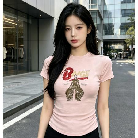 美式辣妹卡通印花短袖正肩T恤女春夏季新款收腰显瘦上衣 服裝批發女裝批發服飾貨源