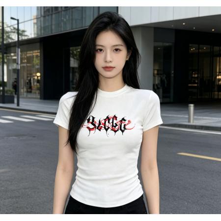 辣妹收腰紧身短袖t恤夏季美式字母修身显瘦短款正肩上衣女 服裝批發女裝批發服飾貨源